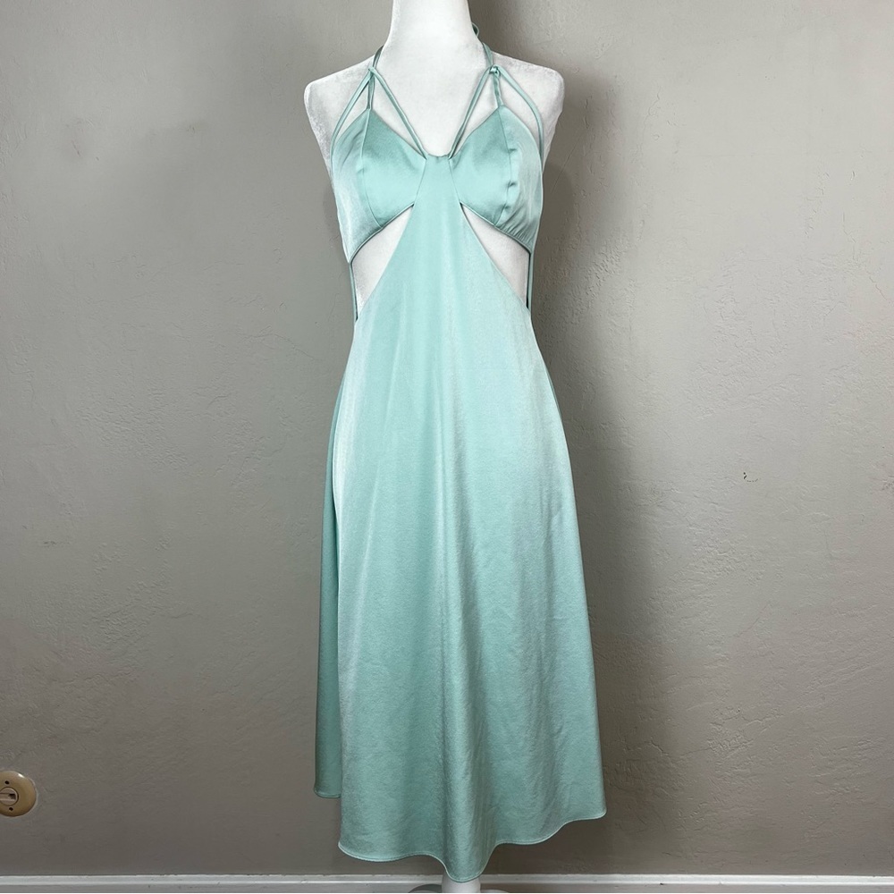 Sipos Blue Crepe Butterfly Cut Out Strappy Halter Midi Slip Dress Size Medium